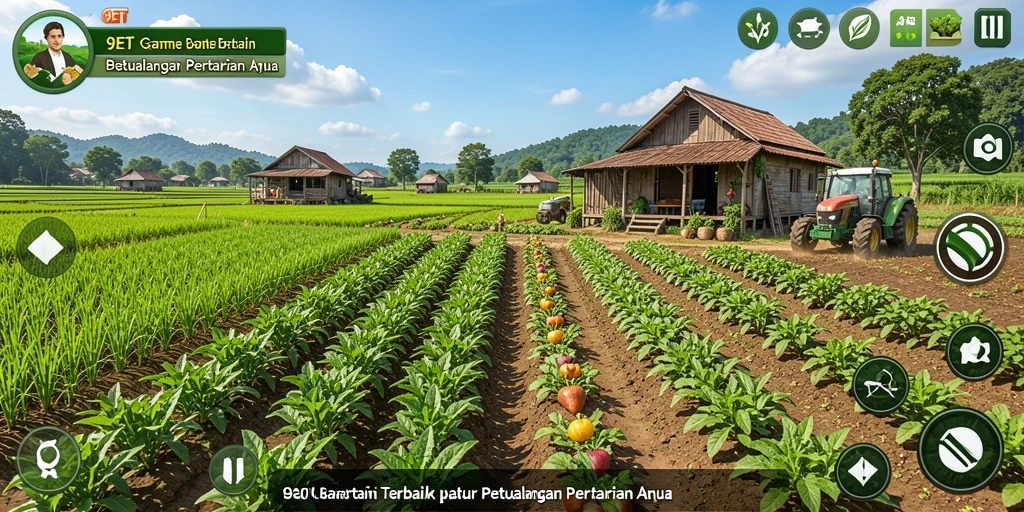 Tampilan gameplay 9ET yang menakjubkan dengan kebun penuh tanaman.