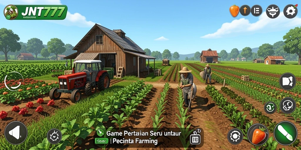 Tangkapan layar gameplay JNT777 dengan suasana pertanian yang cerah.