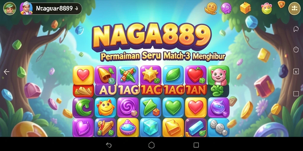 Screenshot gameplay NAGA889 menampilkan keseruan mencocokkan buah-buahan dalam level Match-3.