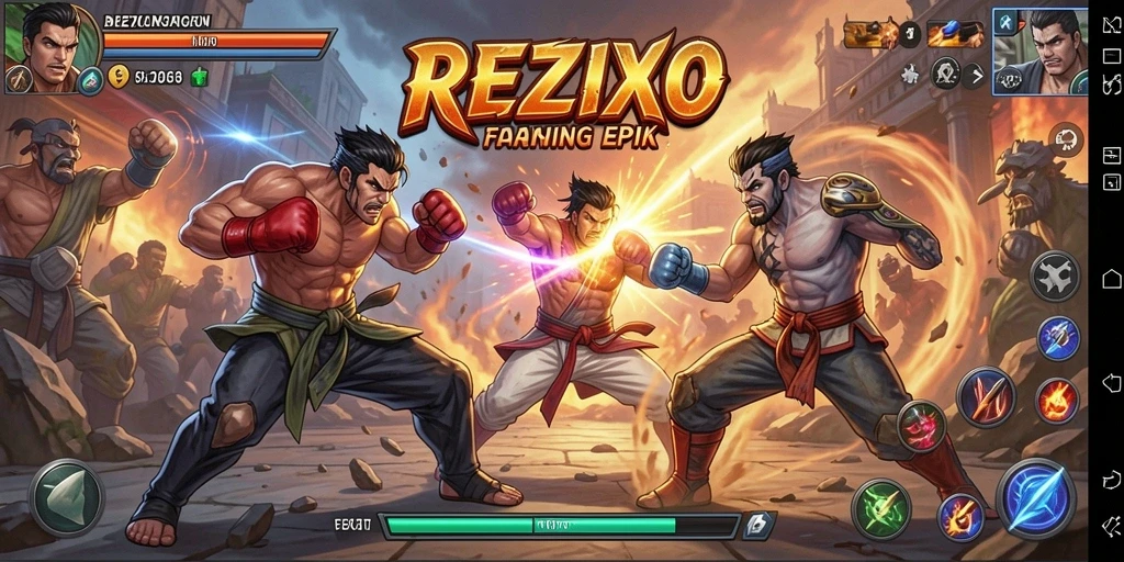 Tampilan seru dari gameplay REZIXO dengan karakter bertarung.