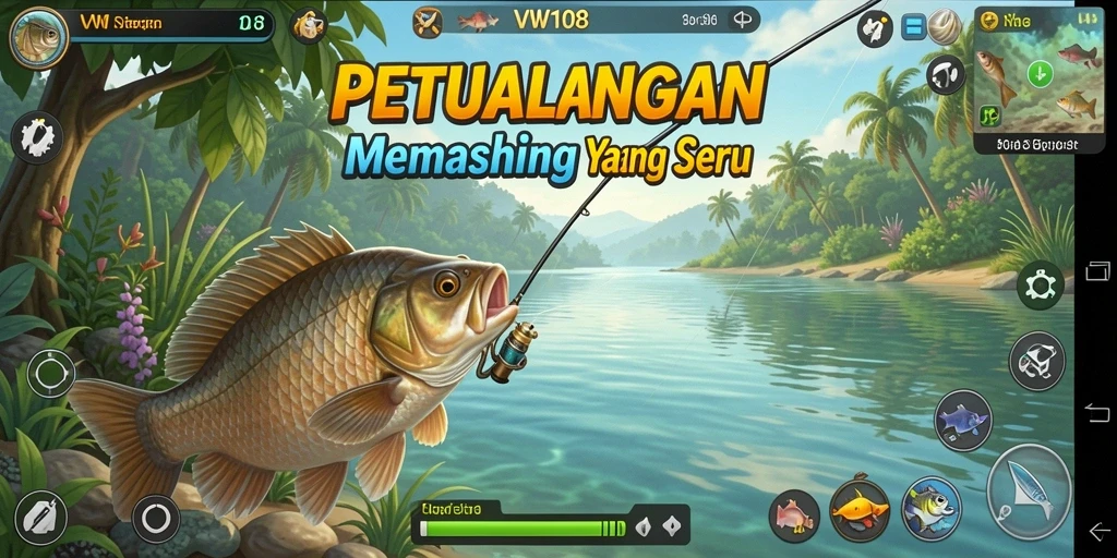 Screenshot VW108 menampilkan gameplay seru saat memancing di danau.